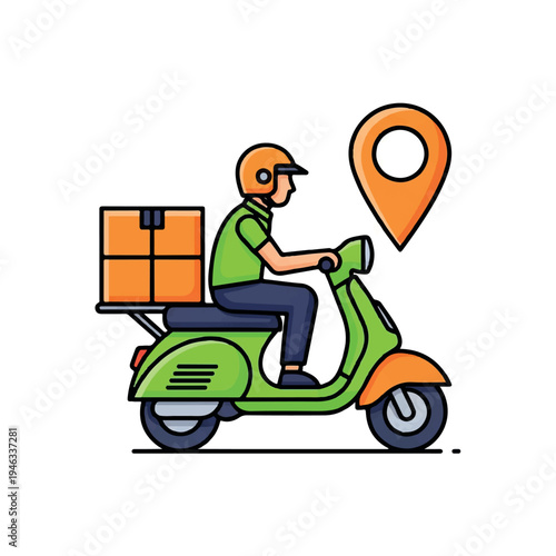 Flat illustration of a delivery person riding a green scooter with a package and a location marker, against a clean white background.