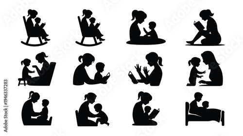 Mother and child reading together in various poses and settings silhouette illustrations