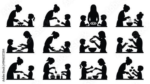 Collection of minimalist black silhouettes of parents and children cooking together in kitchen