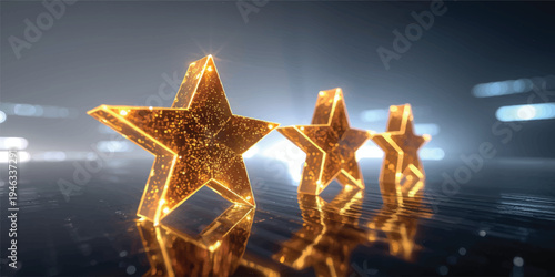 Golden Christmas tree lights and ornaments sparkle with festive glitter, creating a seasonal holiday celebration defined by yellow star decorations and a glowing winter design