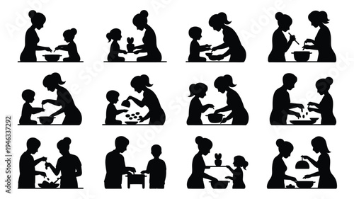 Black silhouettes of people interacting and having meals together in various settings and poses