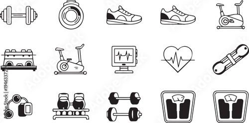 Fitness and Gym Equipment Icons Set Vector Illustration. Collection of workout gear symbols for health and lifestyle designs.