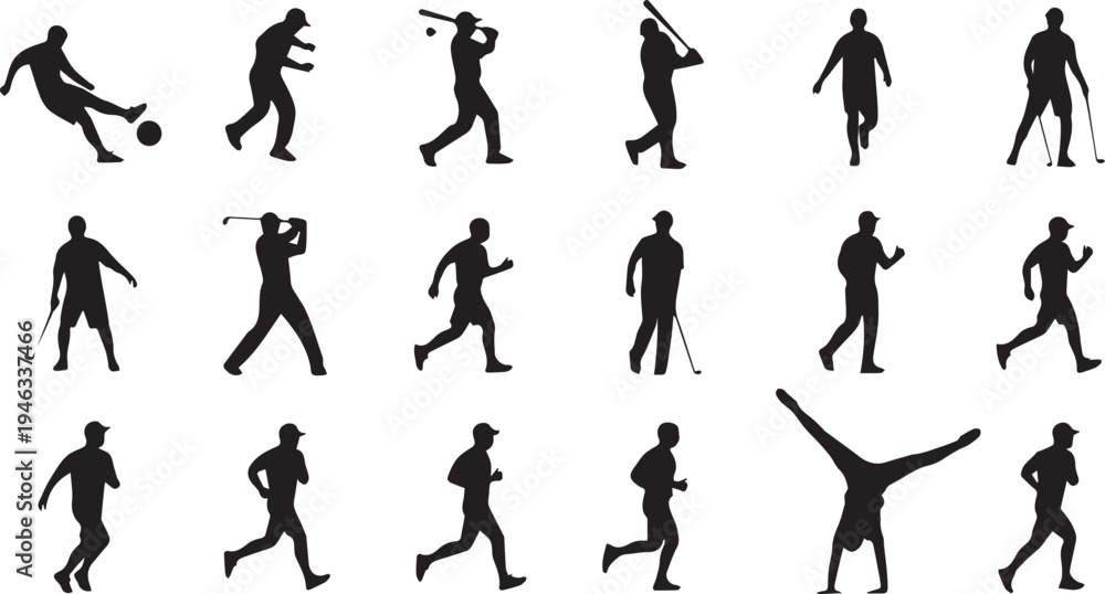Fototapeta premium Sports activities silhouette vector illustration set. Collection of various athletes icons for design projects and web graphics.
