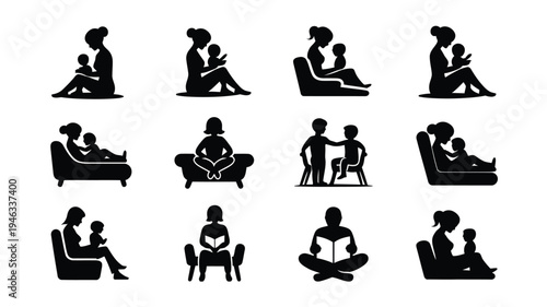 Set of silhouettes of mothers and children sitting together on sofa or chair reading or relaxing in various poses and settings