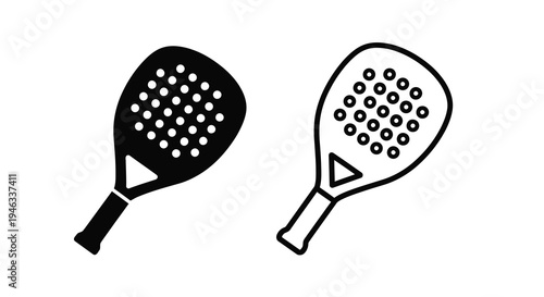 Two padel rackets one solid and one outline in black and white silhouette