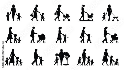 Family silhouette icons parents walking with children strollers and pets in various scenes