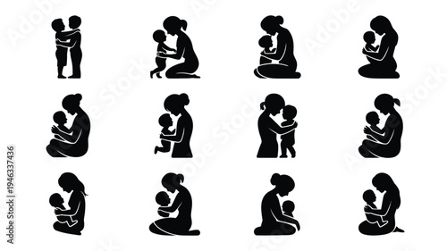 Mother and child silhouettes black icons parenting illustrations family symbols love and care graphics