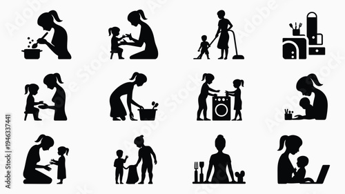 Vector illustration bundle of mother and child doing household chores and daily activities in black silhouettes