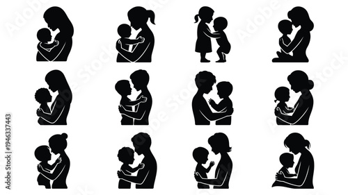 Collection of minimalist black silhouettes depicting mother and child embracing showing love and care