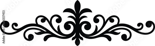 Elegant black fleur de lis design element with swirling curves and floral motifs on white background for decorative purposes
