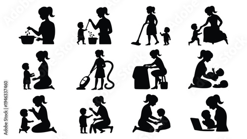 Minimalist black silhouette set of mother and child daily activities icons