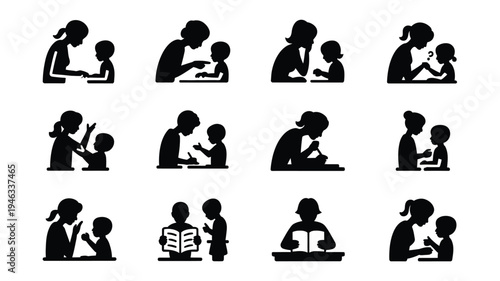 Black silhouettes of adults and children reading learning and studying together in various poses