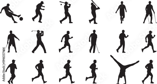 Sports activities silhouette vector illustration set. Collection of various athletes icons for design projects and web graphics.