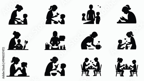 Vector illustrations of mother and child interactions family bonding moments parenting silhouettes in various daily activities