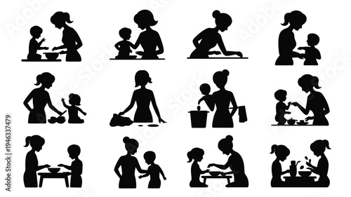 Vector illustration set featuring mother and child silhouettes in various daily activities at home