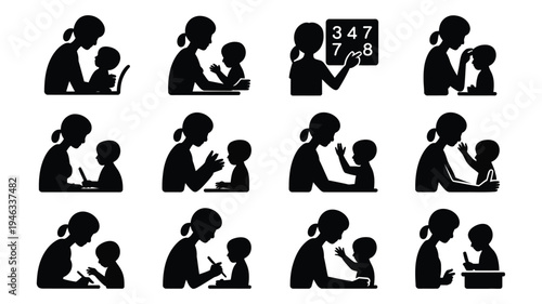 Collection of 12 minimalist black silhouettes of mothers and children reading learning and interacting