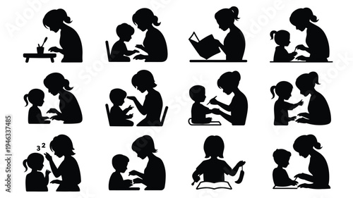 Black silhouette icons of mothers and children reading learning and bonding in various comfortable indoor settings