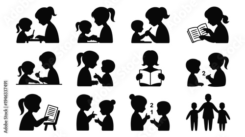 Black silhouettes of children reading and learning together in various educational settings with a teacher
