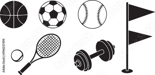 Sports equipment icons set vector illustration. Collection of black silhouette symbols for fitness, games, and recreation.