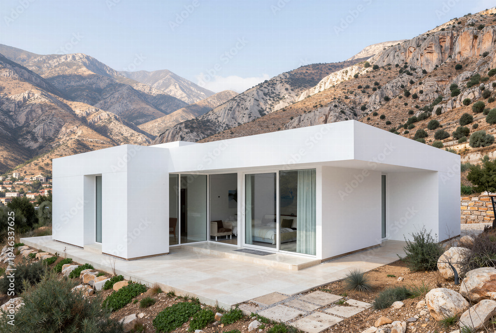 Fototapeta premium Minimalist white contemporary architectural house exterior standing as a striking oasis within a vast rugged mountain desert landscape under a clear sunny sky.