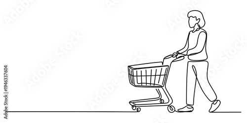 Woman pushing shopping cart, illustration of consumerism and retail