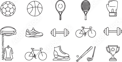 Sports equipment line icons set vector illustration. Fitness and activity symbols collection. Outline design elements for web and print.