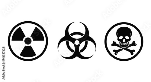 Three warning signs radiation biohazard and skull bones silhouette