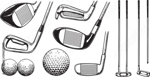 Golf Clubs and Balls Set Engraving Style Illustration for Sport Equipment Design Vector Illustration