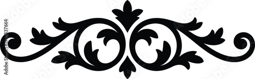 Elegant black ornamental design element with floral patterns and swirling motifs on white background for decoration and embellishment purposes
