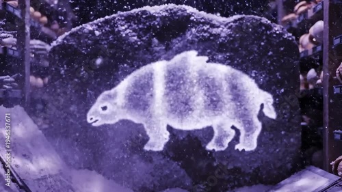 Glowing Ice Sculpture of a Prehistoric Animal in a Snowy Environment