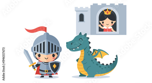 Knight with Dragon, Princess in Castle Vector Illustration for Fantasy Theme