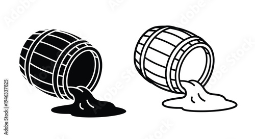 Leaking wooden barrels with spilled liquid a striking black silhouette