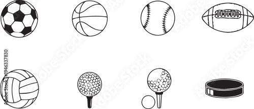 Sports Balls and Equipment Icons Set Illustration Vector. Collection of various sports items including soccer, basketball, baseball, football, volleyball, golf, and hockey puck.