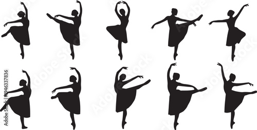 Ballerina dance poses silhouette vector illustration set. Black and white minimalist icons collection for design projects.