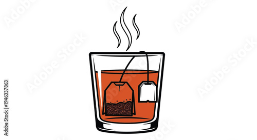 A steaming glass of tea with a tea bag simple silhouette