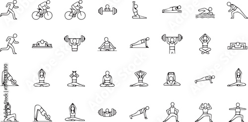 Minimalist line art vector illustration set of fitness, sports, and yoga exercise icons for health and wellness.