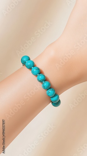 Turquoise Elegance: A close-up shot captures the exquisite beauty of a turquoise bead bracelet gracefully adorning a person's wrist, emphasizing simplicity and sophistication.