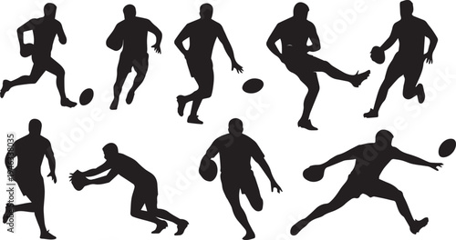 Rugby players silhouette set illustration vector. Collection of different action poses for sports design.