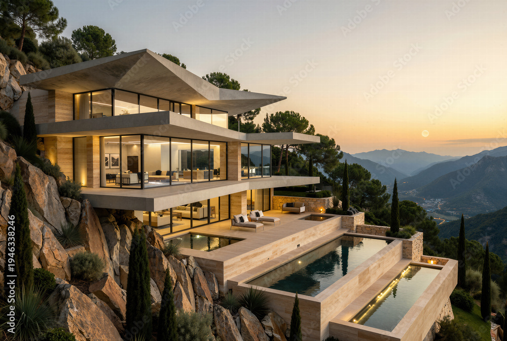 Naklejka premium Expansive luxury architectural estate compound built across a rugged mountain hillside, glowing beautifully under a dramatic sunset sky for premium real estate.