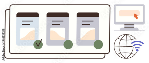 Decision making, online tools, global networking, project management, task completion, digital services. Grid displaying choices with checkmarks, computer screen globe and wireless icon. Digital