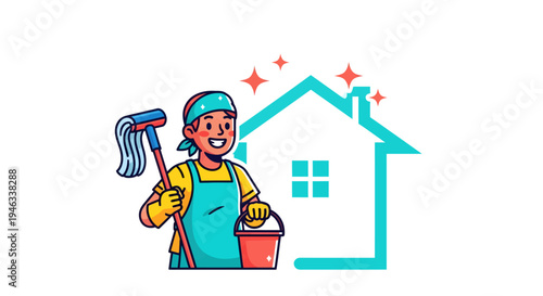 Happy cleaner with mop and bucket ready to clean a house.