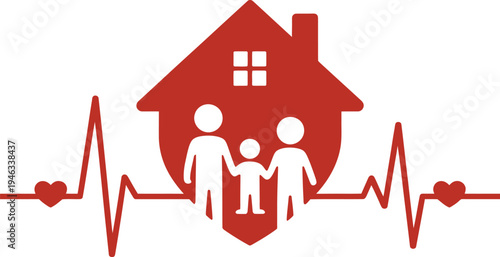 Family and home protected by healthcare and love symbolized by heart rate line