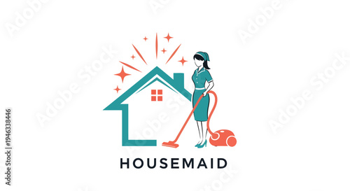 Housemaid cleaning service logo with house and vacuum cleaner.