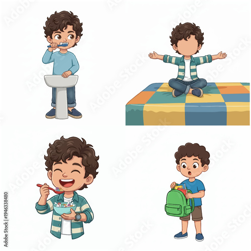 Colorful Cartoon Little Boy Daily Activities Routine Illustration Set