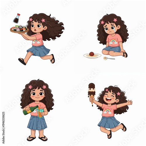 Cute Handdrawn Girl Eating Delicious Foods Set Characters Illustration