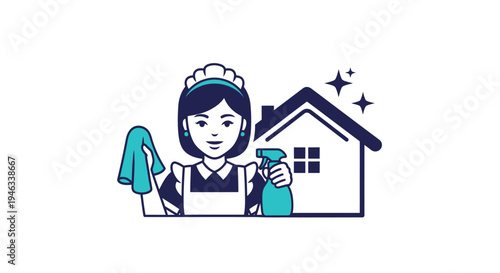 Maid with cleaning supplies in front of a house.