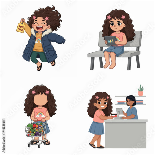 Cute Cartoon Curly Hair Girl Character Design in Different Poses Illustration