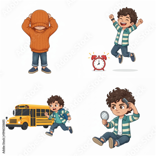 Cartoon Style Cute Boy Daily Activities Illustration Set with Various Expression