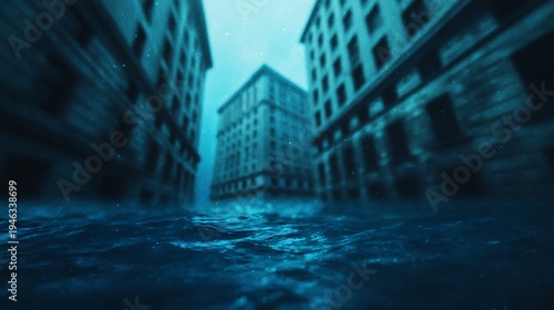 A flooded urban street between tall buildings, with water rising high and creating a surreal, almost apocalyptic cityscape under a gloomy sky.