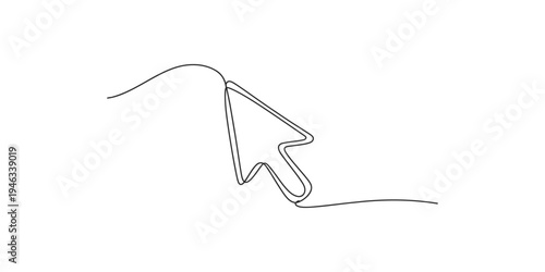 Black line art computer mouse cursor on white background with flowing line